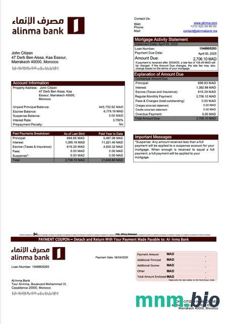 Maroko Al-Inma Bank wyciąg z kredytu hipotecznego szablon Word i PDF